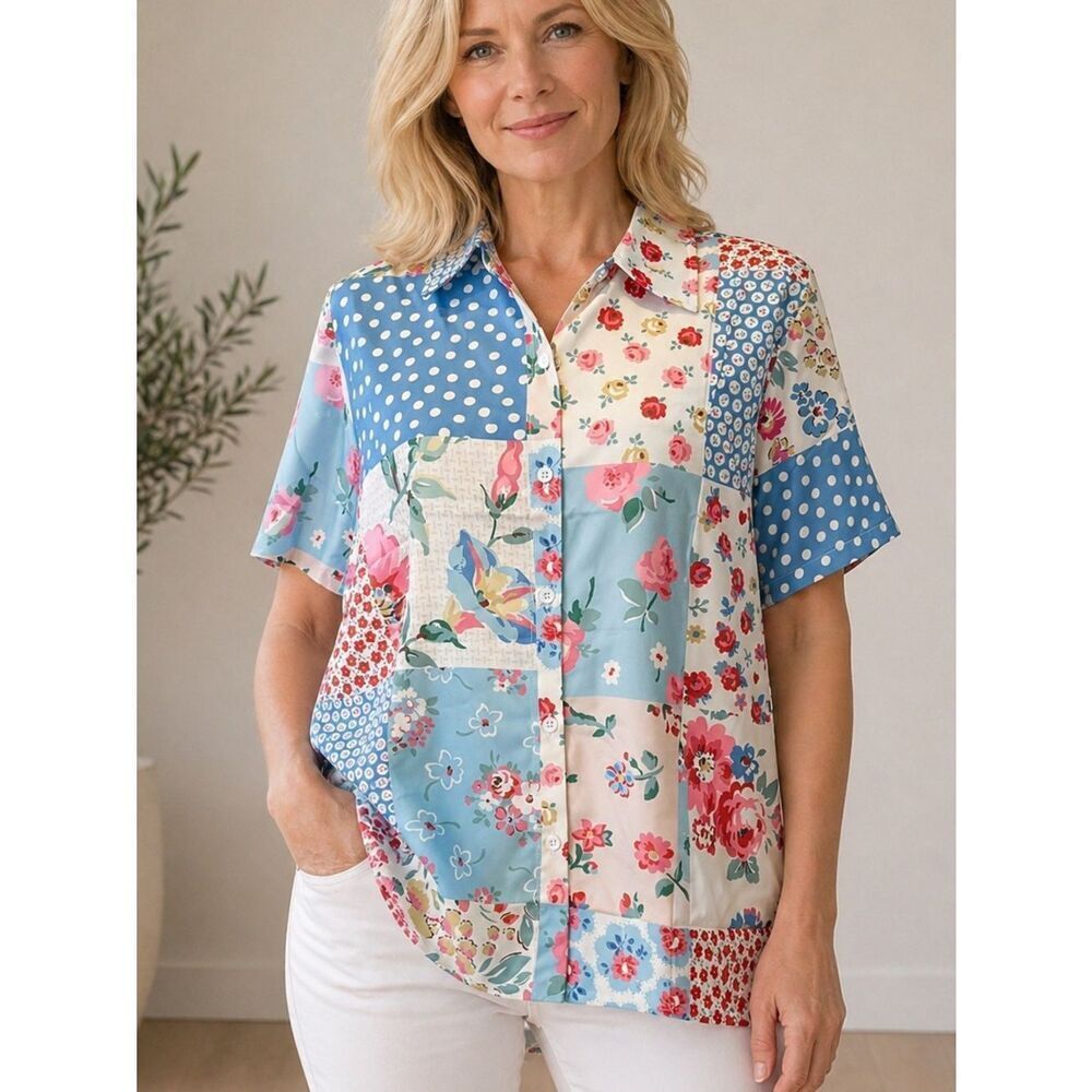 Patchwork Floral Button Up Blouse Short Sleeve Colorblock Top NWOT
